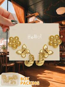 6pcs-36pcs/Set Gold Plated Flower, Waterdrop, Heart, Butterfly Stud Earrings Set, Fashion Accessories Suitable For Women & Girls Daily Outfit, Party, Travel, Gift - Gold - View 8