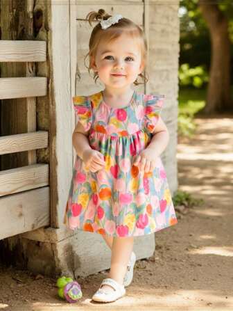 Toddler Girls' Floral Print Round Neck Cap Sleeve Cute Dress