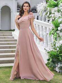 UNITHORSE 不对称袖荷叶边奢华 3D 花卉装饰收腰 A 字型超长宴会礼服、派对礼服、婚礼宾客礼服、正式礼服、晚礼服、长袍 - 粉色 - 查看 4