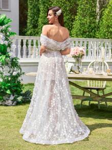 UNITHORSE Off Shoulder Strapless Ruffle Flower Beaded Embroidery Short Inner Mesh Long Dress Elegant Gown, Wedding Dress,Bride, All White Party Outfit Women - White - View 2