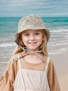 1 pieza Nuevo sombrero de sol con estampado floral pequeño para niña, ajustable, con correa a prueba de viento y malla transpirable, sombrero de playa de verano con pañuelo para niños
