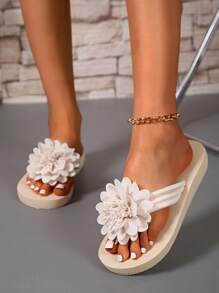 Flower Design Flip Flops For Women, Soft Outdoor Beach Lightweight Comfortable Summer Holiday Seaside Bohemian Slippers