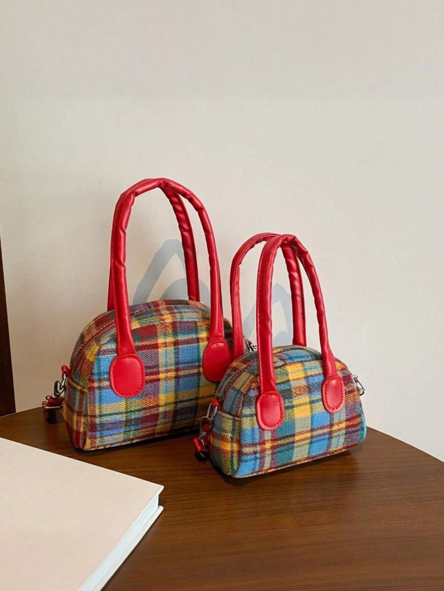 1pc Handtas (Groot/Klein) Amerikaanse Retro Niche Messenger Bag Plaid Contrast Kleur Hand-Held Bowling Bag Schoudertas, Koreaanse Stijl Veelzijdig, Schouderband Casual en Comfortabel, Glad en Lang Veelzijdig, Geschikt voor Dagelijkse Boodschappen en Reizen van Meisjes