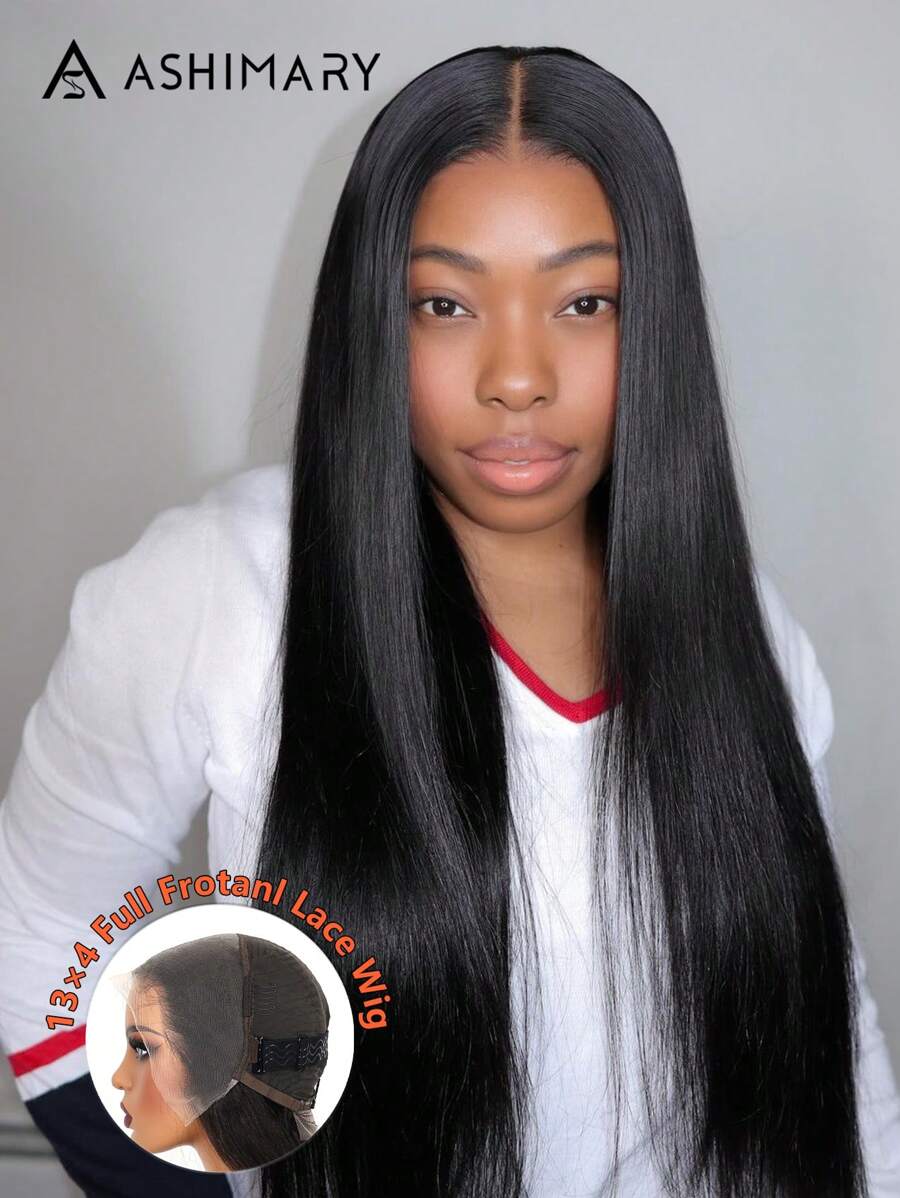 Peluca de cabello humano Ashimary de 13*4 con encaje frontal completo, lace transparente, cabello liso y sedoso, color negro natural, línea de cabello natural para mujeres - SNatural - Ver 1