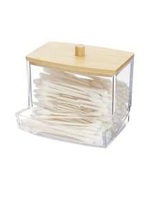 One Transparent Cleaning Swab With Diamond Pattern, A Portable Storage Box For Combination Of Round And Oblong Shaped Makeup Pad Pads With A Bamboo Lid.
