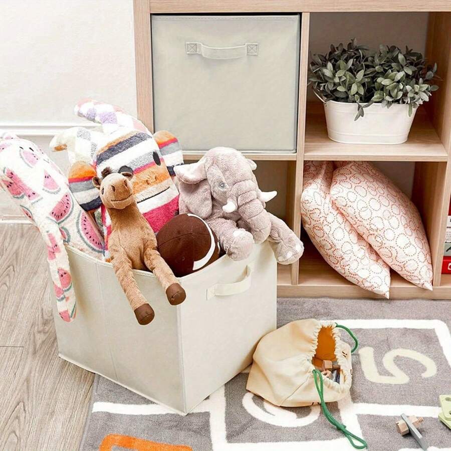 2Pcs Cube Storage Boxes 28x28x28cm Foldable Kallax Storage Cubes With Handles Collapsible Baskets Toy Bins Fabric Organisiers Containers For Kallax Unit Shelf - Beige - View 1