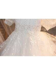 Tween Girls High-End White Puff Sleeve Pearl 3D Embroidery Flower Girl Wedding Dress, Colorful Butterfly Tulle Prom Birthday Party Princess Costume - White - View 5