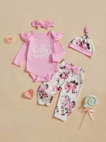 Newborn Girl Going Home Outfit Baby Preemie Hello World Ribbed Romper Top Floral Pants Set Leaving Hospital Clothes - 粉色 - 查看 1