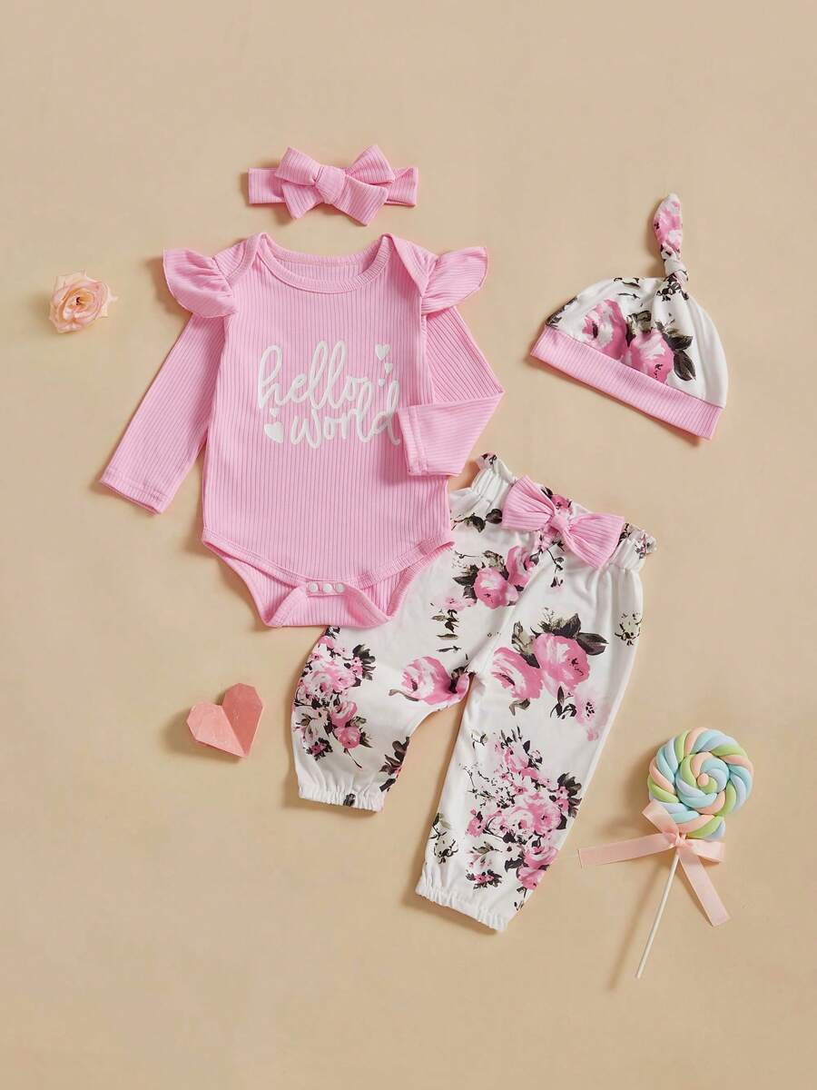 Newborn Girl Going Home Outfit Baby Preemie Hello World Ribbed Romper Top Floral Pants Set Leaving Hospital Clothes - 粉色 - 查看 1