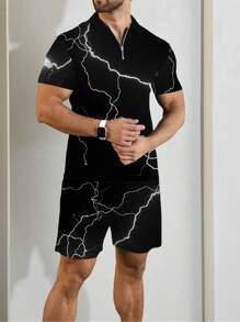 2pcs Casual Outfit Set For Men: Lightning Graphic Polo Shirt And Drawstring Shorts, Short Sleeve Collared Shirt And Loose Shorts Set