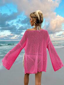 Women's Loose Casual Drop-Shoulder Beach Cover-Up, Summer Vacation - Hot Pink - View 5