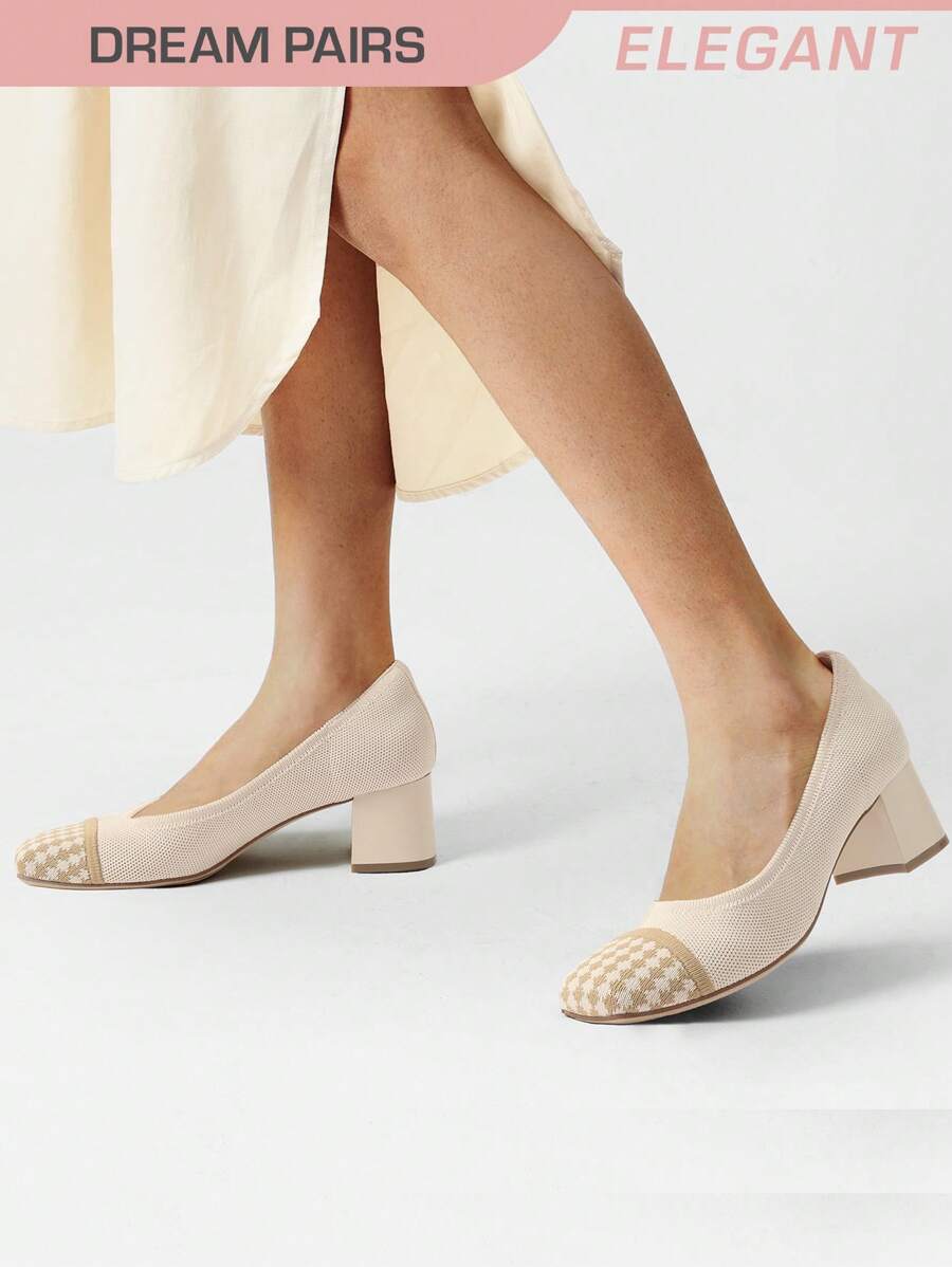 Women's Chunky Low Block Heels Square Toe Work Pumps Comfortable Knitted Closed Toe Dress Wedding Shoes  For Casual, Formal, And Commute Wear - 杏色 - 查看 1