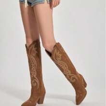 Womens Cowboy Knee High Boots Cowgirl Boots Western Boots With Embroidered Pointed Toe Chunky Heel Slip On Retro Tall Boots