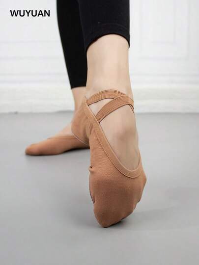 Wuyuan 男女通用棕褐色四向弹力帆布芭蕾平底鞋 - 适合芭蕾、现代舞、爵士舞、抒情舞、现代舞和瑜伽；适合所有年龄段
