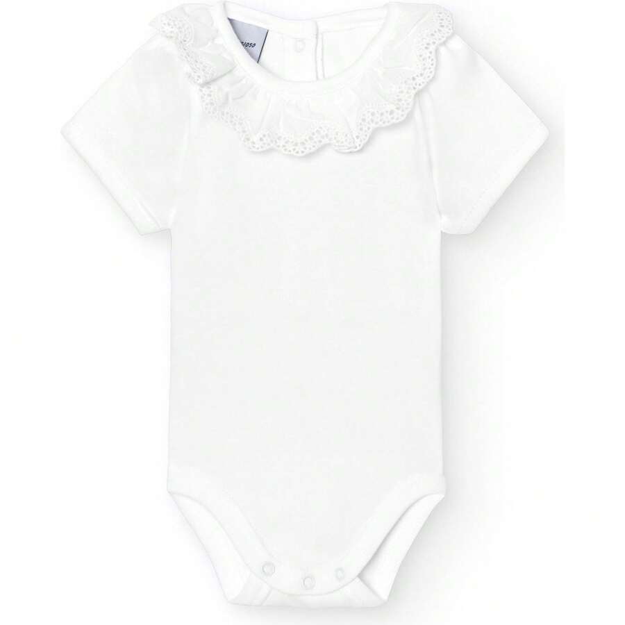 KIWI Baby Bodysuit With Ruffle Neck Bolillo 100% Cotton Made In Spain - Baby Bodysuit Made By Babidu Soft And Comfortable - White - View 1