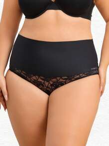 Women High Waist Lace Patchwork Breathable Solid Color Briefs - Black - View 8