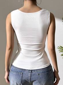 Women's Solid Color Lace Splicing Summer Square Neck Camisole Small Tank Top Innerwear Vest, Can Be Worn Outside Lace Lace Bottoming Shirt Camisole, Simple Fashion Versatile Undershirt Bottoming Tops - White - View 3