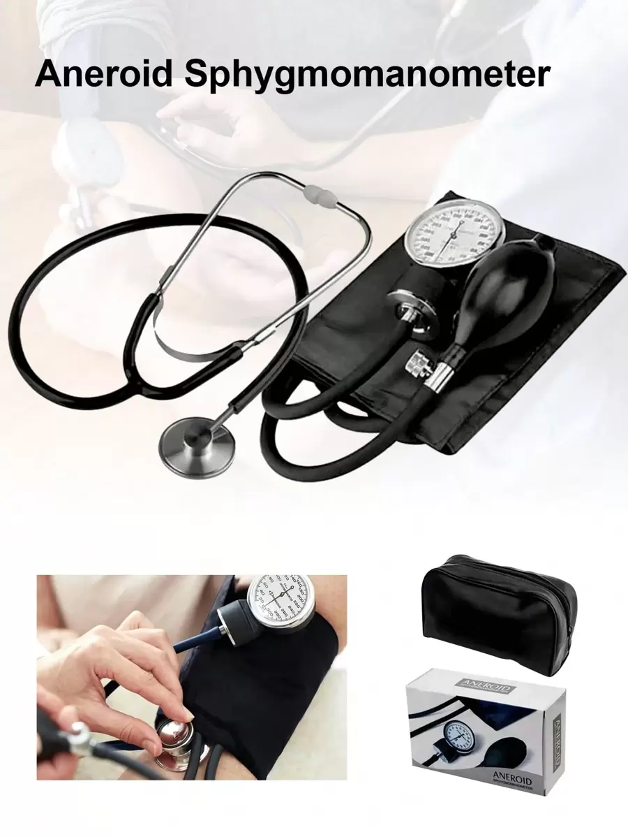 1 件式手动无液血压监测套件，家用双臂双管双头听诊器血压监测仪，带黑色储物盒，携带方便，带听诊器的手动血压袖带，血压监测仪和黑色便携包，带成人袖带和校准工具，适合家庭和商务旅行 - 成人