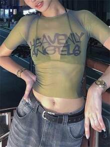 FQLWL 夏季街头时尚修身数码印花短袖Y2K透视上衣，女士外出夜店上衣 - 黃色 - 查看 3