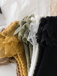 6 Pares de Meias Curtas Respiráveis de Cor Sólida com Renda de Duas Camadas para Meninas Bebês, Adequadas para o Dia a Dia ou Combinando com Vestidos