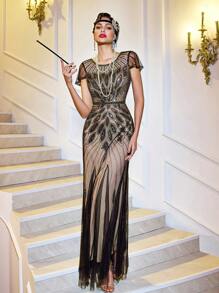 LVNES Long Elegant Gatsby Beaded Sequin Gown, Feather Patterns Wedding Guest Prom Homecoming Dress - Apricot - View 1
