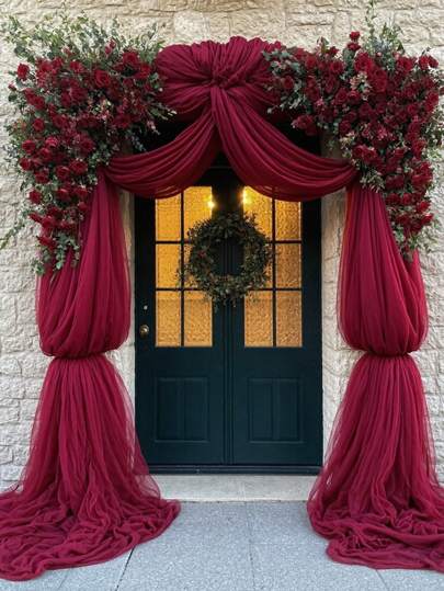 Elegant Burgundy Polyester Sheer Curtain - 100% Woven Fabric, Solid Color Arched Ceiling Decor, Suitable For Wedding Ceremony, Engagement, Valentine's Day, Etc., Wedding Decoration