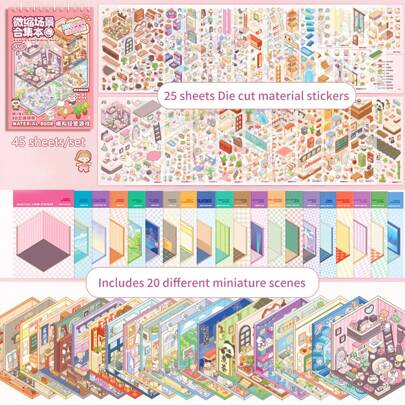 25 hojas de pegatinas de mascotas + 20 diferentes libros de escenas y pegatinas de paisaje en miniatura - Juego de pegatinas en capas 3D de escenarios en miniatura de casas para niñas, útiles escolares, vuelta al colegio