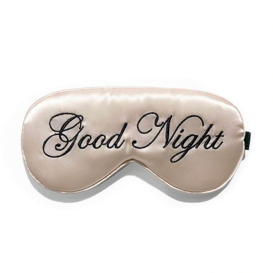 1pc Champagne Color "Good Night" Embroidery Logo Lightweight Polyester Fabric Eye Mask, Sleep Accessory - Champagne - View 1