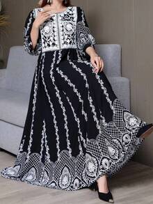 Arabian Bohemian Style Embroidered Casual Dress, Vintage Artistic Vacation Travel Loose Dress, Modest