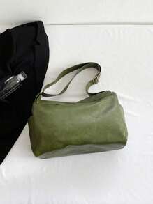 Retro PU Leather Crossbody Bag, Large Capacity Shoulder Bag, SolidColor Tote Bag For Women - Green - View 5