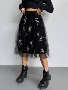Falda midi de malla bordada para mujer, nueva colección de verano, vestido de flores estilo hada, falda larga tipo A con gran vuelo, adecuada para tallas de 40 kg a 60 kg - Negro - Ver 2