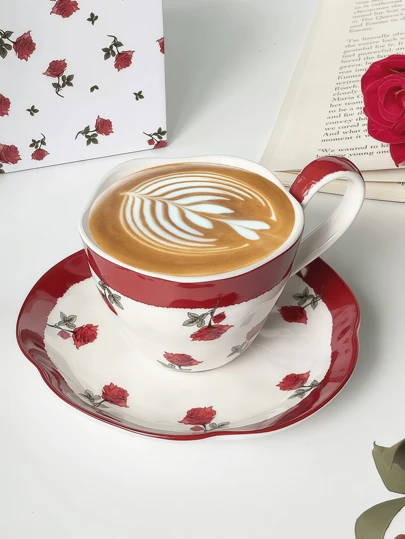 1pc Red Rose Ceramic Cup & Saucer Set, Vintage Elegant French Style Coffee Cup, Suitable For Restaurant, Living Room, Cafe, Gathering