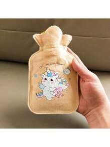 1pc Cartoon Print Water Injection Hot Water Bottle, 300ml, Flocked PVC Material