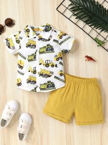 Set de 2 piezas Camisa polo de manga corta con estampado de vehículos de construcción y pantalones cortos deportivos de color liso, adecuado para uso casual, diario, vacaciones y fiestas, para niños, de algodón suave y cómodo