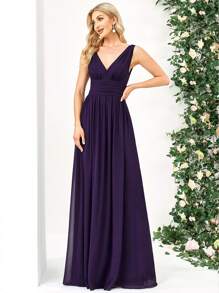 EVERPRETTY Elegante Chiffon V Neck Mangas Sem Mangas Ruched Maxi Formal Roxo Vestidos de Dama de Honra - Roxa - Ver 6