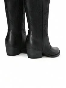 Women's Western Cowboy Boots Slip On Fashion Embroidery Pointed Toe Low Heel Chunky Outdoor Commuter Mid-Calf Black Boots - 黑色 - 查看 11