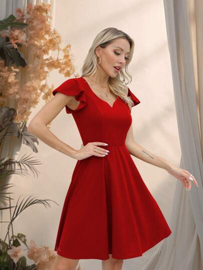 Missufe Robe de cocktail à manches à volants rouges pour femmes, robe vintage élégante mini. Robe courte évasée au décolleté en forme de cœur élégante. Robe de demoiselle d'honneur de mariage, robe de fête, robe pour invité de mariage