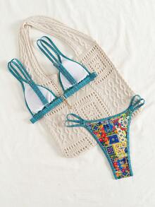 Bộ bikini 2 mảnh dành cho nữ, kiểu dáng thường ngày, xẻ tà, phối màu tương phản, trang trí kim loại, dây đeo mảnh có thể điều chỉnh, thích hợp cho kỳ nghỉ hè hoặc đi biển. - Nhiều màu - Xem 5