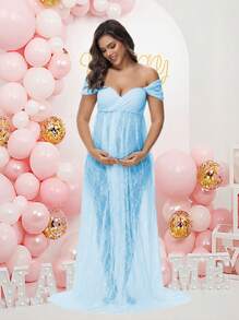 孕妇蕾丝性感露肩高腰开衩礼服，适合拍照、迎婴派对、孕期等场合，春季款 - 淺藍色 - 查看 3