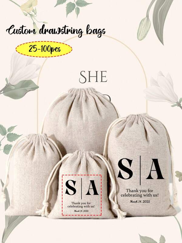 25/50/100 peças personalizadas impressas com iniciais do noivo e da noiva com cordão, sacola de tecido para presente de aniversário, casamento, sacola de tecido portátil com cordão e alça, adequada para festas, aniversários, casamentos, multifuncional, versátil, grande capacidade, leve, funcional, prática, multiuso, colorida, fofa, para deslocamento diário, casual para negócios, presentes ideais para feriados/férias, para atividades ao ar livre/passeios/viagens/caminhadas/estádio/esportes/escalada, para negócios/deslocamento/trabalho/escritório, presentes de dia das mães para mulheres, alunos do ensino médio, estudantes universitários, calouros, alunos do segundo ano, calouros