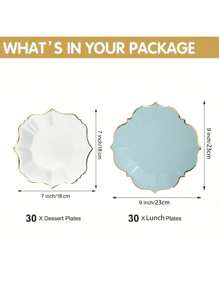 60 件白色金箔一次性纸盘，适用于派对/婚礼/迎婴派对/生日，30 个午餐盘和 30 个甜点/沙拉盘 - 白藍 - 查看 7