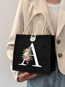 Letter Pattern Handbag Floral Print Linen Handbag Button Decorated Handbag Minimalist Large Capacity Handbag Portable Casual Storage Handbag - Black - View 3