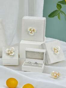 1pc Gray Magnolia Pearl Velvet Jewelry Storage Box For Ring, Necklace - Multicolor - View 3