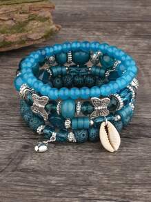 4 Peças Conjunto de Pulseira com Contas de Vidro, Contas de Madeira e Pingente de Concha em Estilo Boho para Praia e Férias, Joia Casual e Versátil para Mulheres