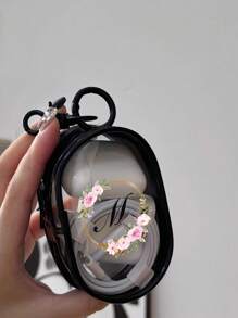 Portable Mini Transparent Zipper Storage Bag,Pink Flower Wreath Letters A-Z,Couple Bag Pendant,Compact Multifunctional Organizer, Headphone And Charger Case With Keychain, Transparent Travel Accessories, Black Colors, Exquisite And Compact, Suitable For Storing Small Items, Data Cable Storage Bag, Bracelet Bag, Makeup Bag(Zipper Style And Color Are Random,Random Style And Size Of Circular Rings)