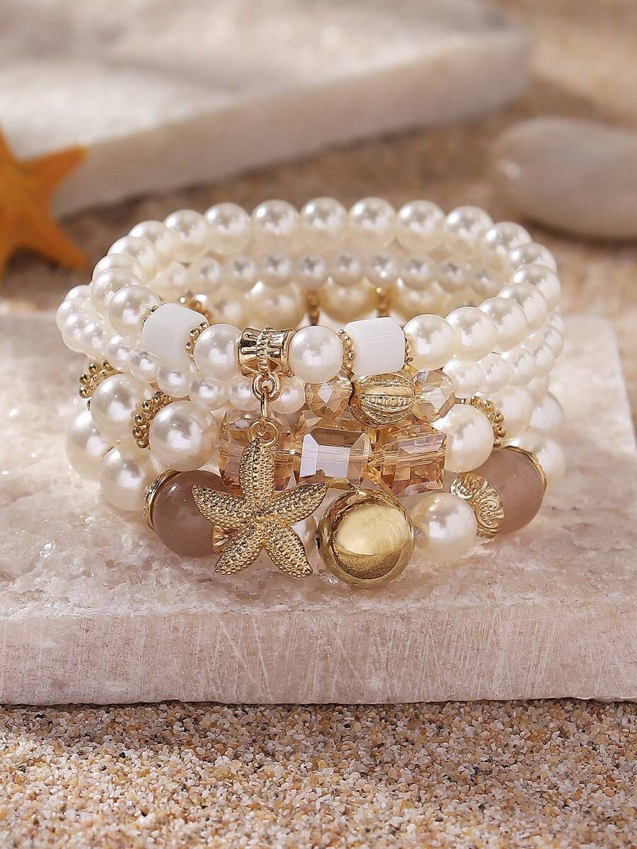 4件套优雅时尚仿珍珠玻璃珠海星叠层手链套装，适合女性波西米亚风度假休闲佩戴，母亲节礼物