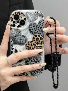 1pc Fashionable Glossy Leopard Print Heart Shockproof Thickened Phone Case, Compatible With IPhone 11/12/13/14, 11/12/13/14 Pro Max, XR, 15/15 Pro/15 Pro Max, And Galaxy A05/A15/A25/A35/A53/A54/A55/S23/S24, Including A Lanyard