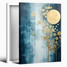 1pc Framed Canvas Poster, Blue - And - Gold - Moon - Tree - Abstract Wall Art Canvas Paintings, Ideal Gift For Bedroom Living Room Corridor, Wall Art, Room Decoration