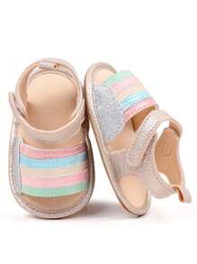 1 Pair Of Baby Sandals, Pu Leather Material, Lovely Rainbow Stripe Pattern Design, Suitable For Indoor And Outdoor Slip-Resistant Learning To Walk, Soft Flat Shoes For Infants.
