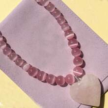 1pc Pink Agate & Rose Quartz Heart Stone Pendant Necklace, Chic Cateye Beaded Necklace Sets For Women - Pink Cat's Eye + Pink Gold Heart - View 4